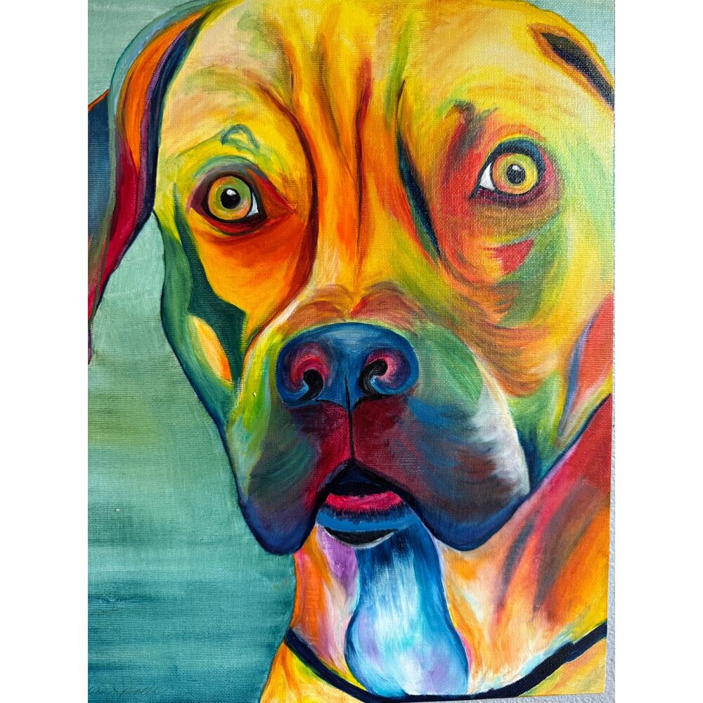 Vibrant Color Dog Portrait Painting on Canvas 14 x 11 Expressive Wall Art